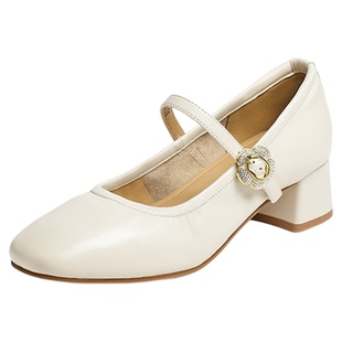 红蜻蜓高跟鞋春季新款玛丽珍女鞋通勤皮鞋配裙子鞋子粗跟羊皮单鞋