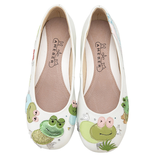 春季新款Ameber原创设计手工羊皮女单鞋平底白色卡通系带圆头浅口