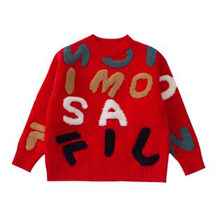 女童毛衣儿童加厚加绒上衣洋气字母针织衫大童中国红色拜年服冬装