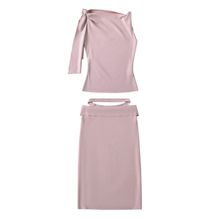 YoungGirlDay Kylie同款不对称斜肩飘带上衣中长款包臀半身裙套装