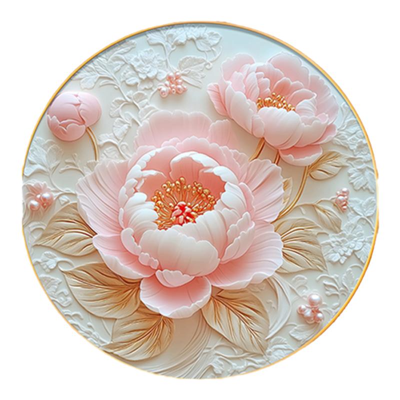 奶油风牡丹花圆形餐厅挂画