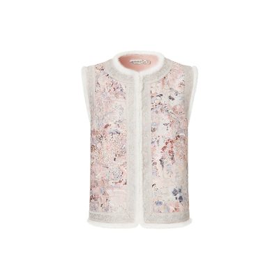 VGRASS新中式绣花水貂毛边马甲女