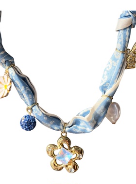 蓝色丝巾编织项链女小众设计感