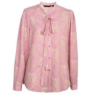 罗衣温柔粉花色衬衫女春夏高级气质系带领衬衣通勤长袖上衣10059