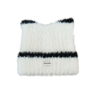 毛绒帽头套显脸小2025秋冬新款MLB猫耳朵百搭针织帽子可爱猫耳朵