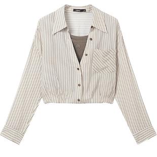 KBNE咖色条纹长袖衬衫女气质衬衣春季新款法式假两件直筒百搭上衣