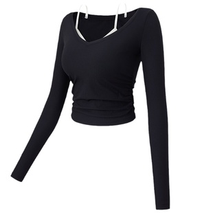 健身女孩带胸垫假两件瑜伽服V领紧身跑步运动长袖气质普拉提上衣