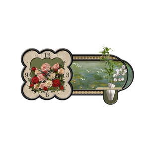 中古风餐厅带钟表装饰画2025新款高端客厅时钟墙壁画法式玫瑰挂画