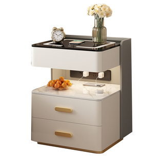 智能床头柜简约现代高级感三抽轻奢家用卧室床头储物实木收纳柜子