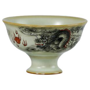 汝瓷手绘宝相杯墨龙高足茶杯汝窑开片手工可收藏省工大师定制款