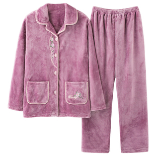 芬腾可安秋冬季珊瑚绒睡衣女加绒加厚保暖套装中年妈妈法兰绒大码