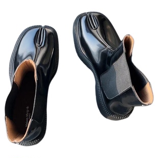 新款复古真皮黑色短靴女春秋单靴增高分趾靴厚底切尔西短靴tabi靴