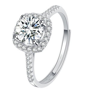 正品小方糖戒指莫桑石钻戒女50分一克拉纯银方形求婚结婚闭口戒指