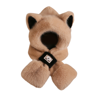 可爱狐狸耳朵毛绒帽子围巾一体女冬季保暖防寒护耳帽显脸小防风帽