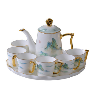 千里江山 中式高档高白整套景德镇家用国风新古典骨瓷茶具套装