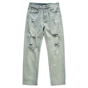 美式乞丐破洞直筒牛仔裤男款2026新款复古潮牌高级感浅色长裤弹力