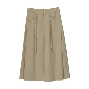 【透气莱赛尔】MSLAN春季卡其色半松紧装饰绑带半裙MFCE8220