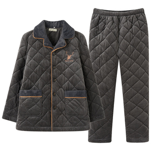 芬腾秋冬季男士睡衣珊瑚绒加绒三层夹棉法兰绒简约加厚保暖居家服