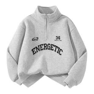 JU真维斯童装加绒半开襟立领卫衣 2025冬季新品保暖印花儿童上衣