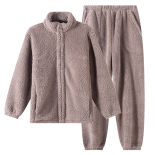 珊瑚绒睡衣男冬季加厚加绒拉链可外穿家居服套装特厚摇粒绒保暖冬