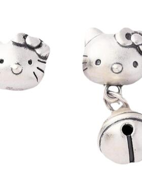 s999足银复古可爱kitty猫铃铛吊坠3d硬银配件diy手工串珠编绳材料
