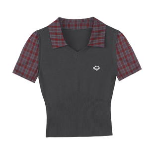 SagiDolls少女斗志甜酷双色针织背心衬衣假两件POLO短袖T恤显瘦春