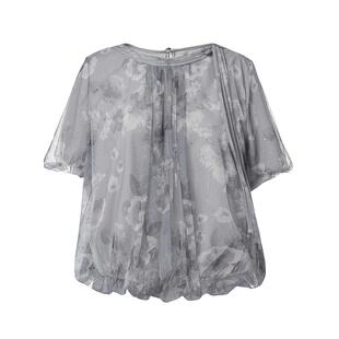 sdeer圣迪奥女装圆领印花网纱盘扣新中式衬衫S242Z0446
