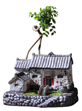 中式陶瓷房子建筑花盆绿植办公桌