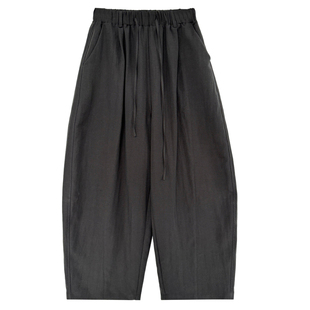 夏季亚麻天丝人棉松紧腰松弛感慵懒阔腿休闲长裤子女宽松弯镰刀裤