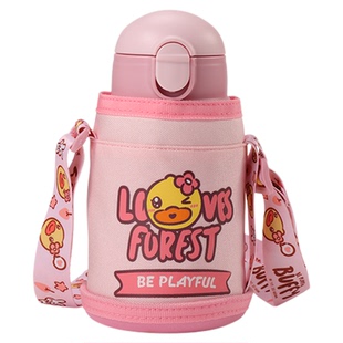 B.Duck小黄鸭不锈钢便携水壶可爱卡通保温杯食品级带背带出行家用