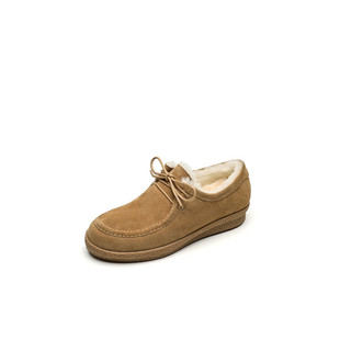 羊皮毛一体厚底乐福鞋女磨砂真皮坡跟松糕大棉鞋加绒保暖系带单鞋