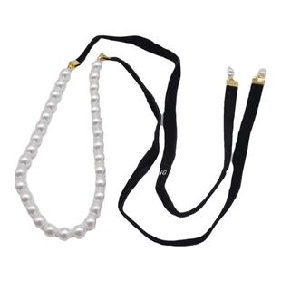 时尚巴洛克珍珠丝带项圈可调节长度黑色缎带项链蝴蝶结项饰