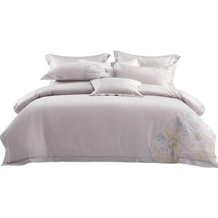 水星家纺贡缎四件套60支长绒棉抑菌套件全棉贡缎轻奢绣花被套床单