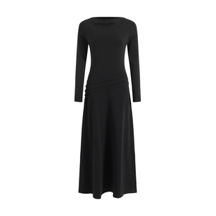 NON RESTRAIN黑色优雅荡领长袖针织连衣裙女高级捏褶修身显瘦长裙