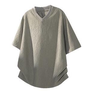 美式高街肌理感v领t恤短袖男款夏季薄款透气打底体恤男生半袖上衣