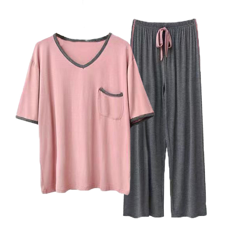 2024新款带胸垫睡衣女莫代尔短袖长裤春夏季薄款可外穿家居服套装