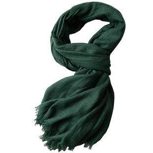 春秋季男士围巾超薄文艺白搭墨绿色军绿色围巾纯色棉麻护颈男女款