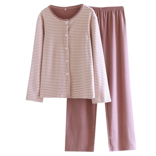 德绒睡衣女秋冬季薄绒保暖长袖条纹家居服套装上衣单件宽松圆领