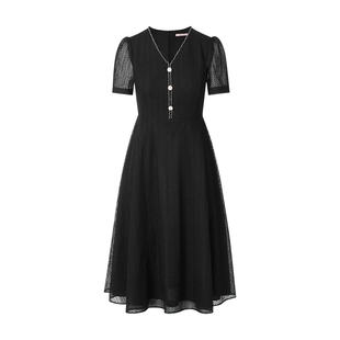 【吉娜同款】朗姿集团LIME莱茵优雅V领收腰连衣裙黑色2025小黑裙