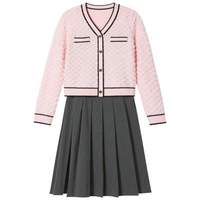 SALT.P可颜肌理感格纹毛针织衫吊带百褶连衣裙两件套冬款