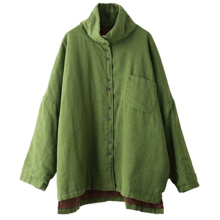 高端品质炒色亚麻夹棉外套蝙蝠袖棉服秋冬加厚保暖中长款棉衣