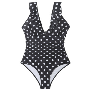 热辣欧美泳衣女款外贸大码性感深V领遮肚显瘦连体泳装荷叶边辣妹