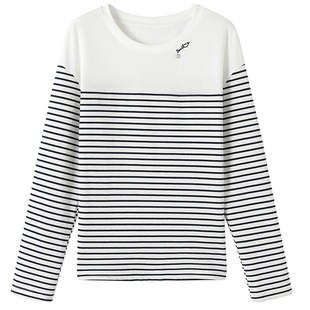 YBAI/亦白26春季新款时尚简约休闲撞色拼接条纹绣花长袖T恤上衣女