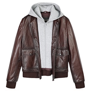 MCS源自万宝路女款可脱卫衣帽飞行员皮衣秋季新款绵羊皮夹克合身