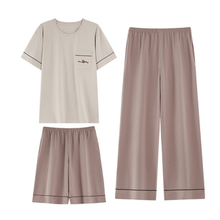 新款短袖睡衣男士夏季纯棉薄款圆领三件套装夏款男款家居服可外穿