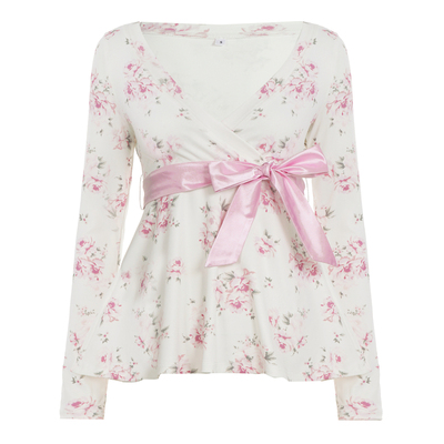 WEEKEEP 法式少女感V领花卉印花绑带收腰长袖T恤百搭A摆显瘦上衣