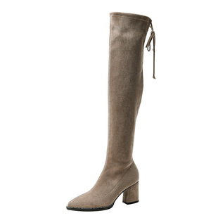 卡其色长靴女过膝靴粗跟2025秋冬新款加绒高筒靴女高跟长筒弹力靴