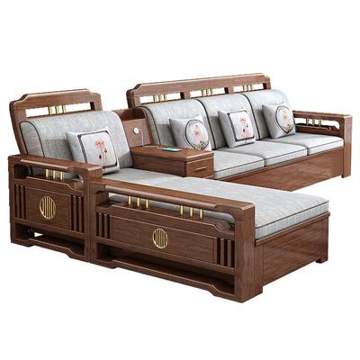 迪美尔新中式福雕胡桃木储物沙发