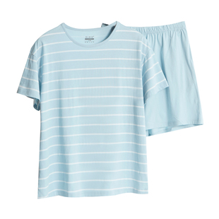 女士睡衣夏短袖纯棉条纹休闲短裤两件套薄圆领宽松打底家居服套装