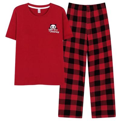 100%纯棉带胸垫短袖长裤睡衣女